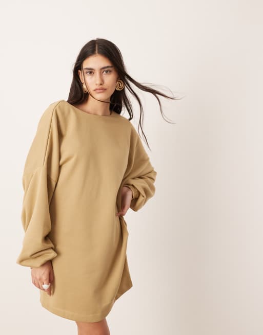 ASOS EDITION jersey crew neck mini dress with open back detail in khaki