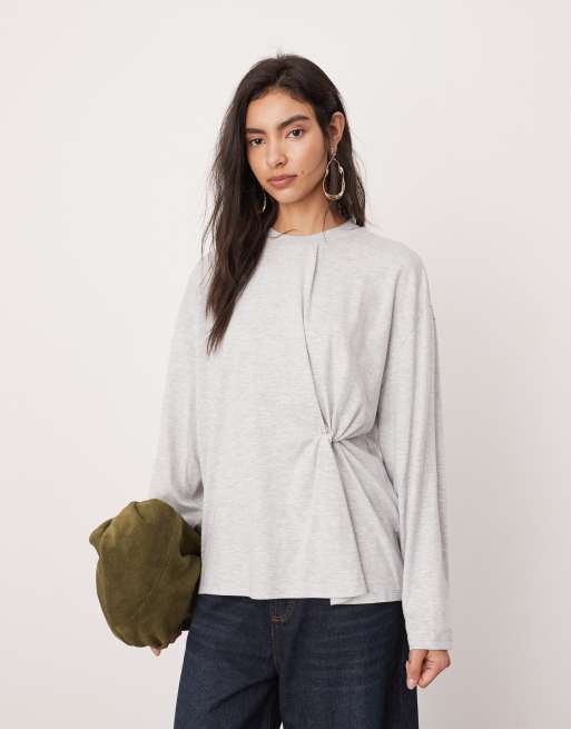 ASOS EDITION jersey knot detail long sleeve T-shirt in gray heather