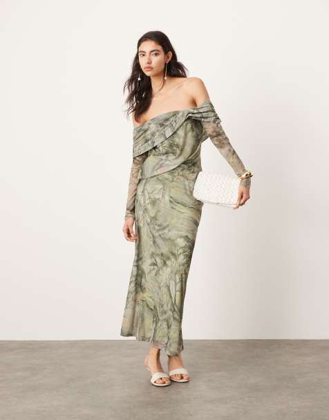 ASOS EDITION jersey mesh off shoulder midi dress with layered detail in landscape print - view 1