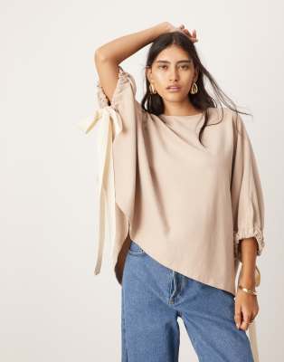 jersey oversized slouchy top with contrast tie detail in mocha-Brown