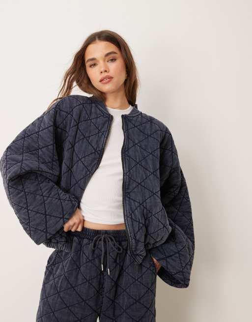 ASOS EDITION jersey quilted zip up jacket in acid wash gray - part of a set