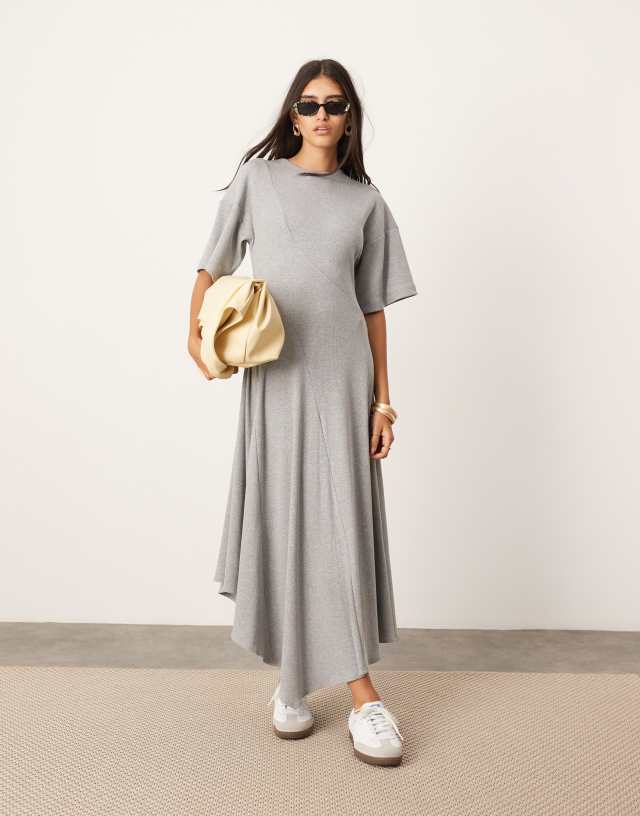 ASOS EDITION - jersey rib midi tshirt dress with asymmetric hem in grey