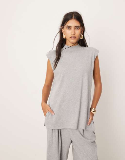 Asos Edition Jersey Rib Shoulder Pad Longline Top Co Ord In Grey Asos