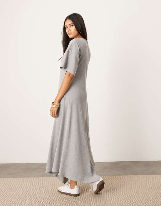 ASOS EDITION jersey ribbed midi t shirt dress with asymmetric hem in gray