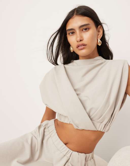ASOS EDITION jersey twist detail crop top with elastic hem in pale grey (part of a set)