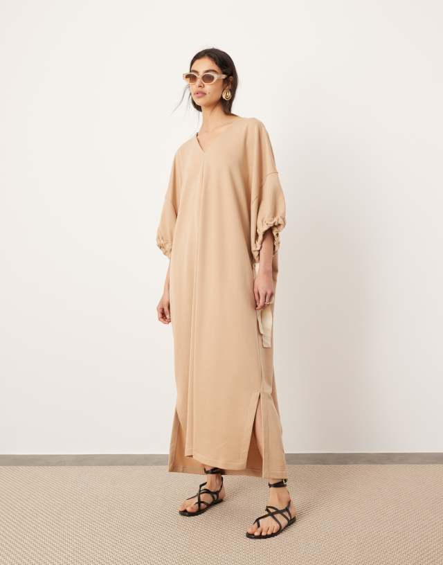 ASOS EDITION - jersey v neck oversized jumper dress with contrast tie detail in camel