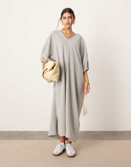  ASOS EDITION jersey v neck oversized jumper dress with contrast tie detail in grey