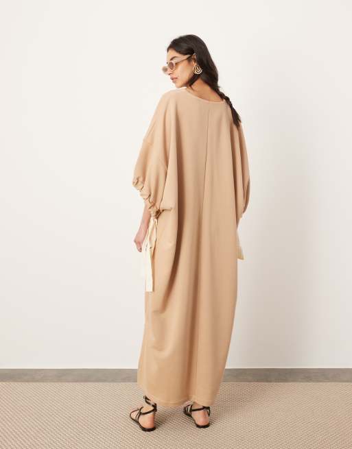 ASOS EDITION jersey v neck oversized sweater dress with contrast tie detail in camel, 2 of 4