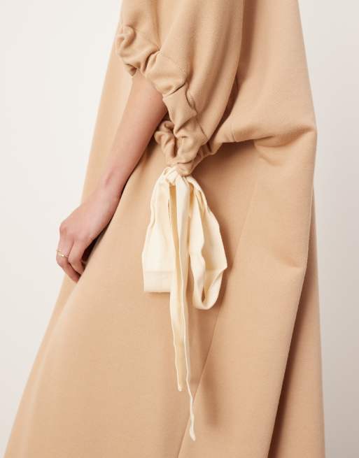 ASOS EDITION jersey v neck oversized sweater dress with contrast tie detail in camel, 3 of 4