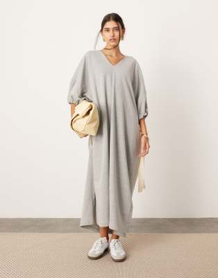 ASOS EDITION jersey v neck oversized sweater dress with contrast tie detail  in gray | ASOS
