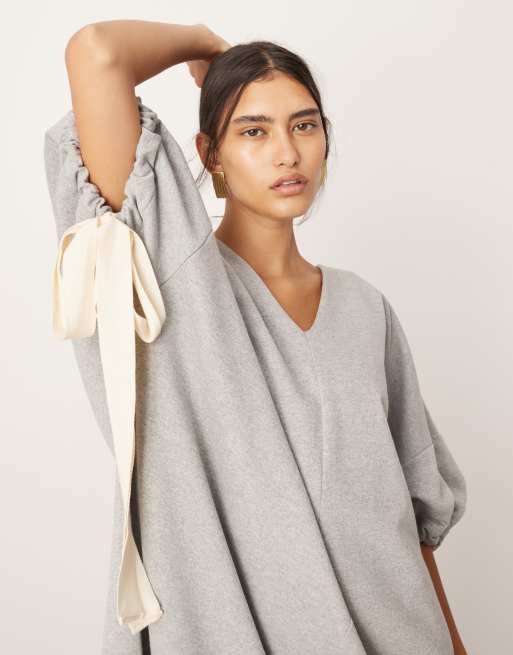 ASOS EDITION jersey v neck oversized sweater dress with contrast tie detail  in gray | ASOS