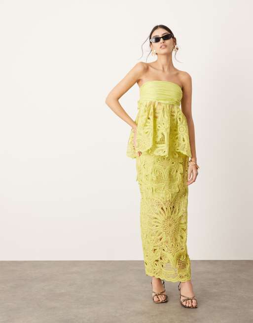 ASOS EDITION - Jupe d'ensemble mi-longue coupe colonne en dentelle Cornelli fleurie - Citron vert