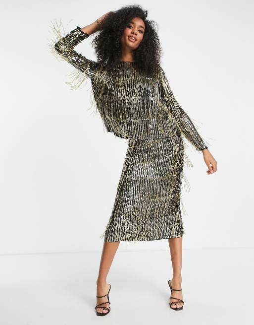 ASOS EDITION - Jupe fourreau mi-longue ornée de franges et sequins