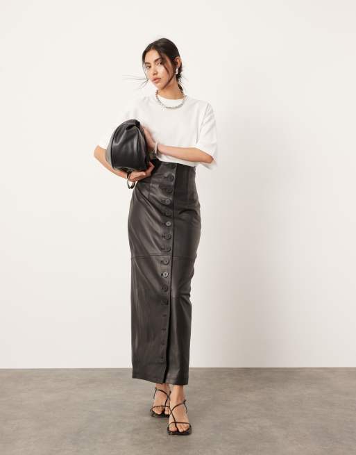 ASOS EDITION Jupe longue a taille haute en cuir doux avec details boutonnes Noir