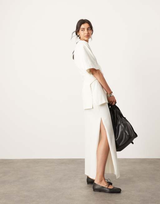 ASOS EDITION - Jupe longue d'ensemble en jersey de qualité supérieure texturé avec fente latérale - Noix de coco