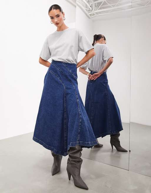 ASOS EDITION Jupe longue evasee en jean avec coutures apparentes Bleu moyen ASOS