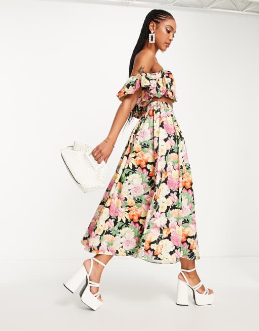 ASOS EDITION - Jupe mi-longue ample à volants en coton avec imprimé chintz - Foncé à fleurs