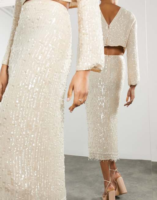 ASOS EDITION Jupe mi longue effrang e sequins et paillettes Cr me