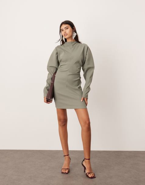 ASOS EDITION – Kakigrön miniklänning med veckad midja och strukturerade ärmar - view 1
