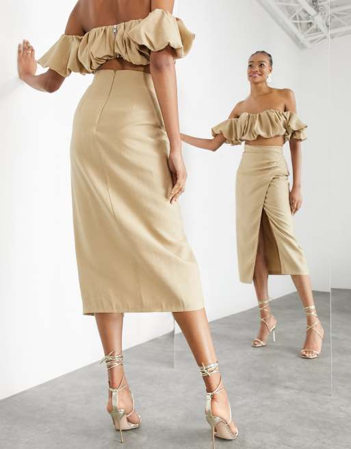 ASOS EDITION - Karamelfarvet midinederdel med slids - Del af sæt, 3 af 4