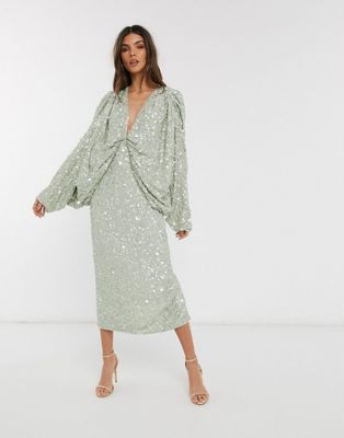 ASOS EDITION kimono sleeve drape back sequin midi dress-Green