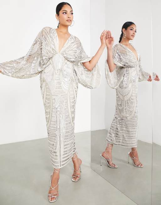 ASOS EDITION kimono sleeve midi dress with sequin pearl embellishment