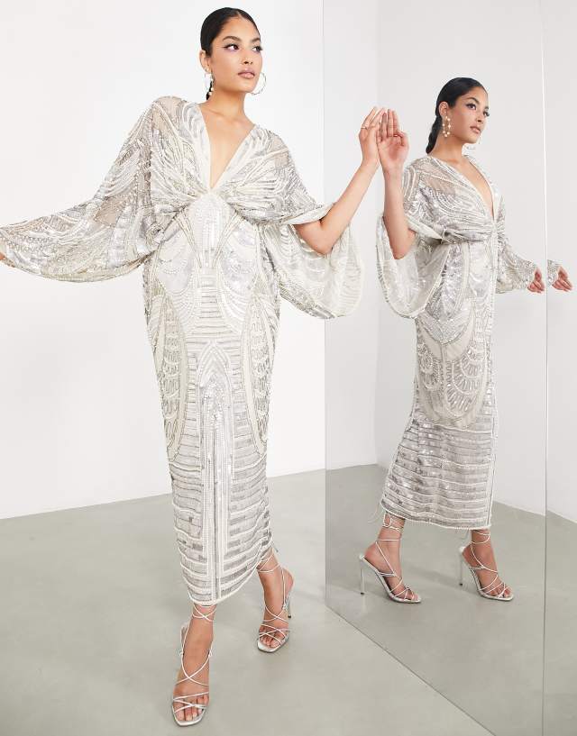 ASOS EDITION kimono sleeve midi dress with sequin & pearl embellishment