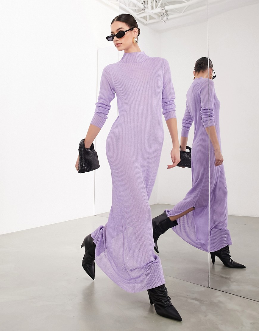 Asos Design Knit Metallic Long Sleeve Maxi Dress In Lilac-purple