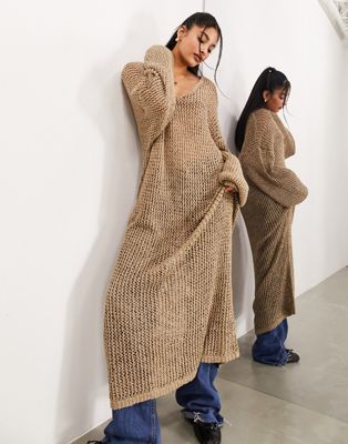 Asos Design Knit Open Stitch Oversized Maxi Dress In Oatmeal-neutral