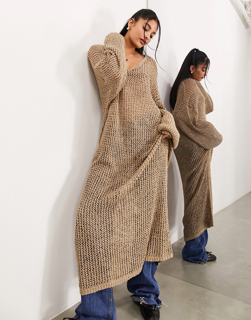 Asos Design Knit Open Stitch Oversized Maxi Dress In Oatmeal-neutral