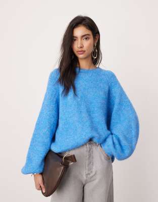 knit oversized crew neck sweater in blue