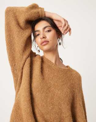 Asos Design Knit Oversized Crew Neck Sweater In Camel-brown