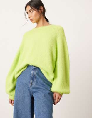 knit oversized crew neck sweater in lime green