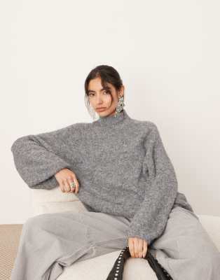 knit oversized high neck sweater in heather gray-Red