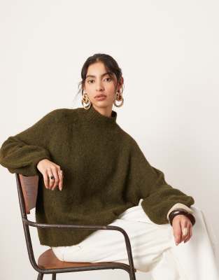 knit oversized high neck sweater in khaki green-Brown