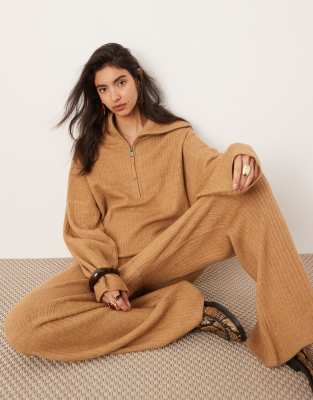 knit rib half zip oversized collar sweater in camel - part of a set-Neutral