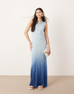knit sheer sleeveless maxi column dress in blue ombre