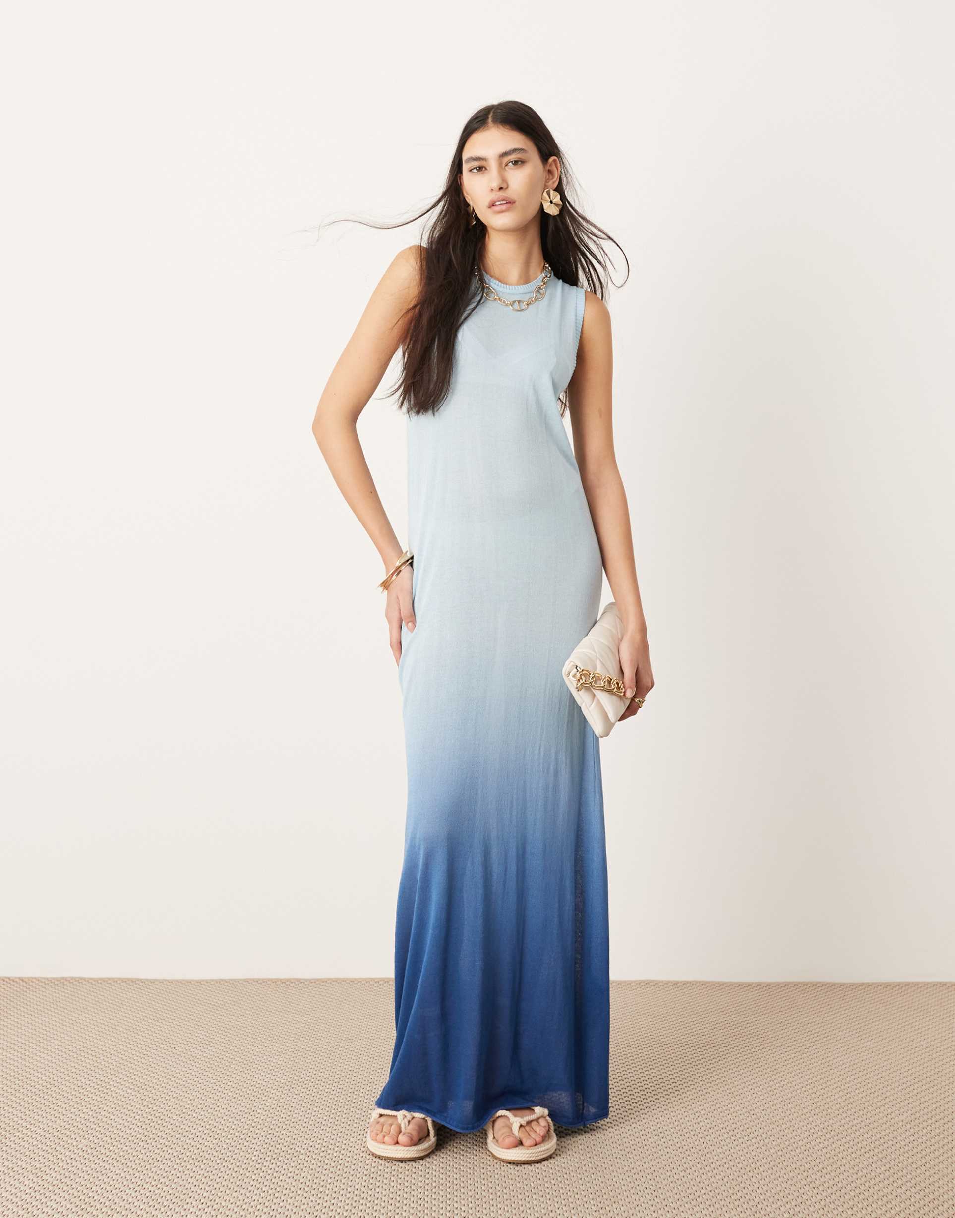 asos edition knit sheer sleeveless maxi column dress in blue ombre