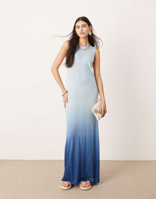 ASOS EDITION knit sheer sleeveless maxi column dress in blue ombre