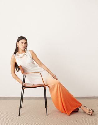 knit sheer sleeveless maxi column dress in orange ombre