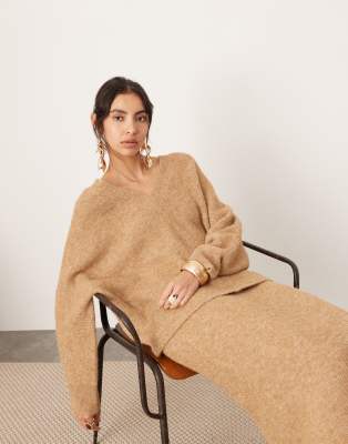 Asos Design Knit V Neck Oversized Sweater In Biscuit - Part Of A Set-brown