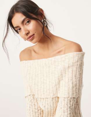 knitted bardot layered long sleeve top in cream - part of a set-White