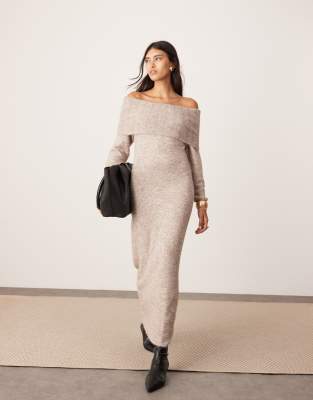 knitted bardot midaxi dress in mushroom-Brown