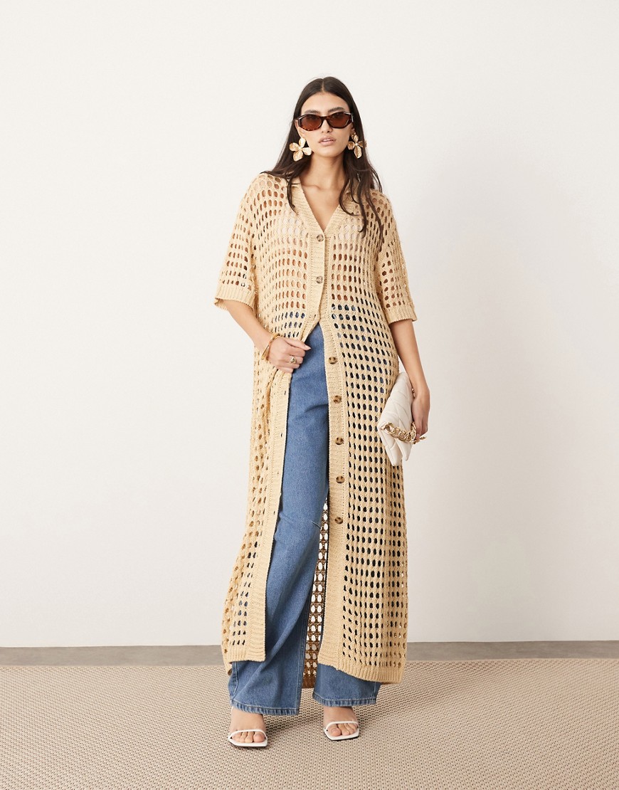 ASOS EDITION knitted button through maxi dress in stone-Neutral
