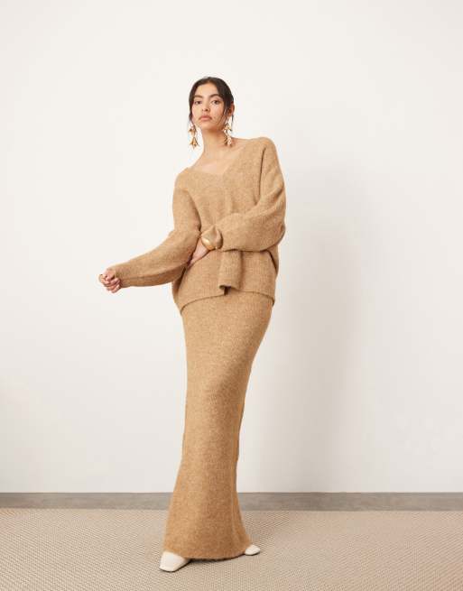 ASOS EDITION knitted v neck oversized jumper and knitted maxi skirt set in biscuit ASOS