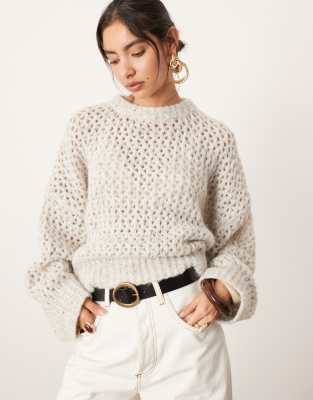 knitted open stitch oversized boxy sweater in oatmeal heather-Multi