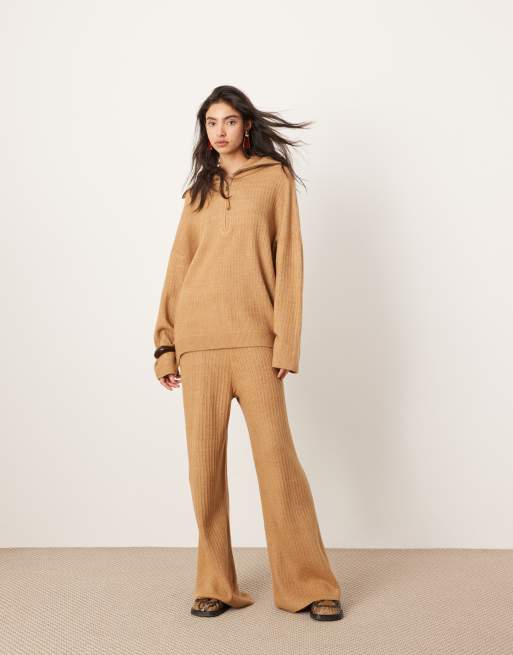 ASOS EDITION knitted rib half zip oversized collar sweater and wide leg pants set in camel