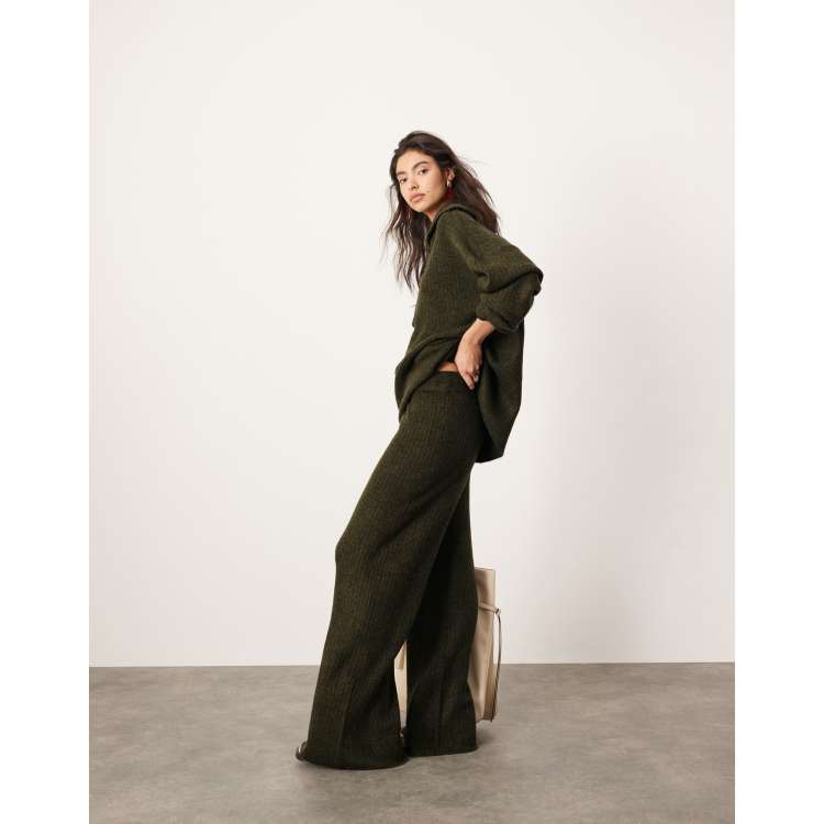 ASOS EDITION knitted rib wide leg trouser co-ord in khaki | ASOS