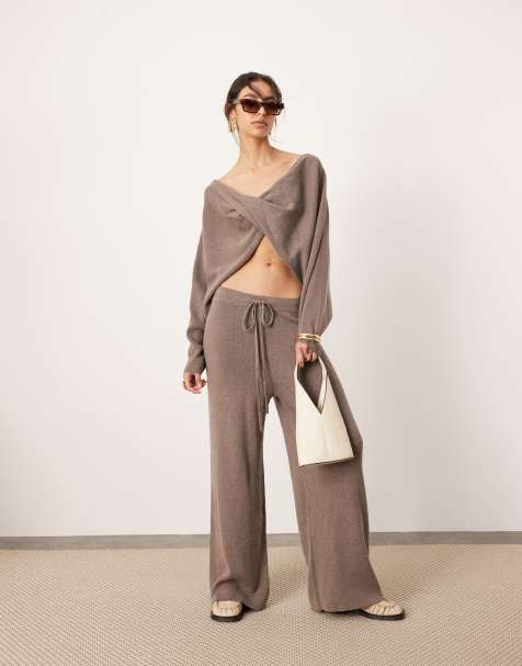 ASOS EDITION knitted slouchy twist detail cropped jumper and flared trouser co ord in chocolate - view 1
