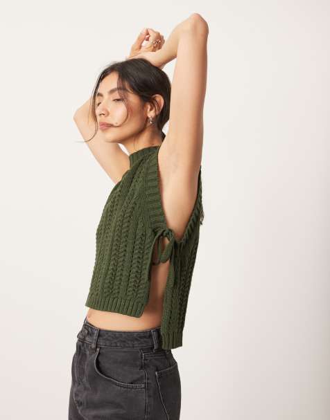 ASOS EDITION knitted tie side chunky singlet top in khaki green - view 1
